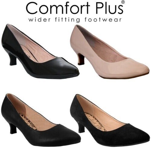 Women's Wide Fit Court Shoes Casual Formal Work Classic Low Kitten Heel Slip On Shoes