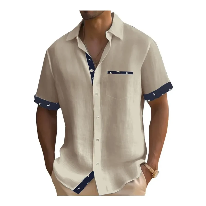 Men's Short Sleeve Colour Block Dress Shirt Casual Button-Down Lapel Pocket Regular Fit Top