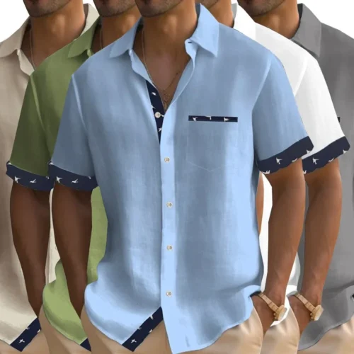 Men's Short Sleeve Colour Block Dress Shirt Casual Button-Down Lapel Pocket Regular Fit Top