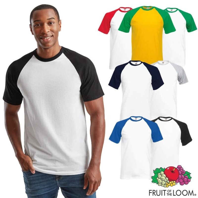 Men's Baseball T-Shirt Short Sleeve 100% Cotton Contrast Raglan Crew Neck Multicolour