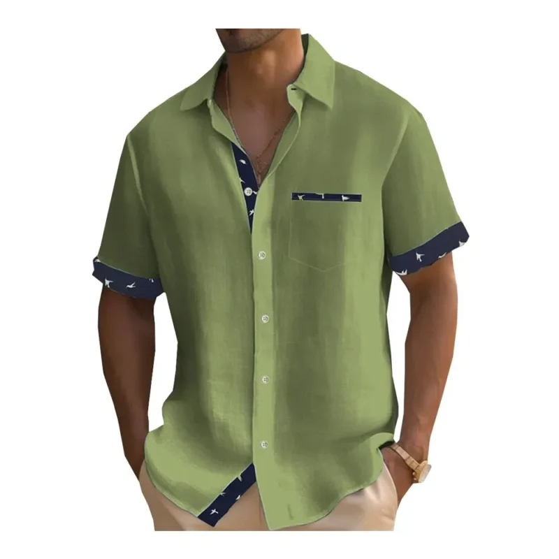 Men's Short Sleeve Colour Block Dress Shirt Casual Button-Down Lapel Pocket Regular Fit Top