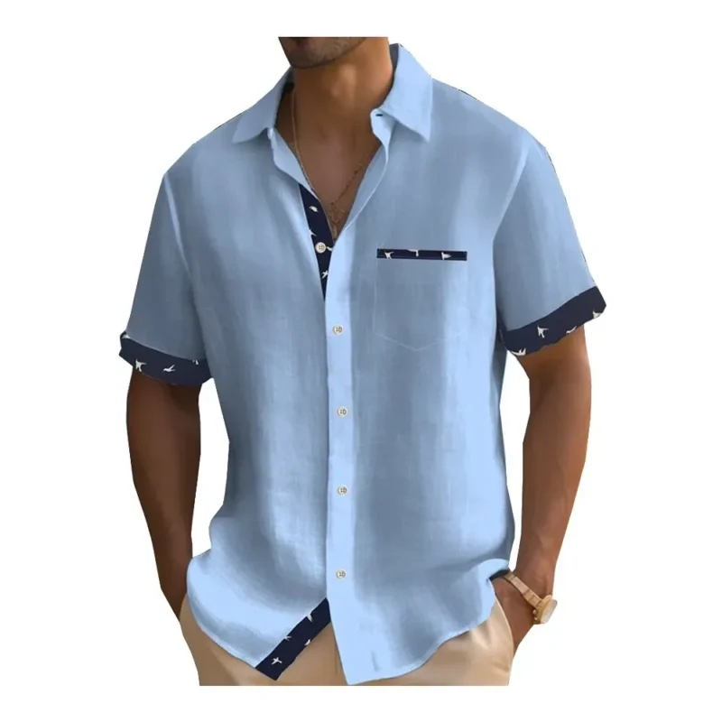 Men's Short Sleeve Colour Block Dress Shirt Casual Button-Down Lapel Pocket Regular Fit Top