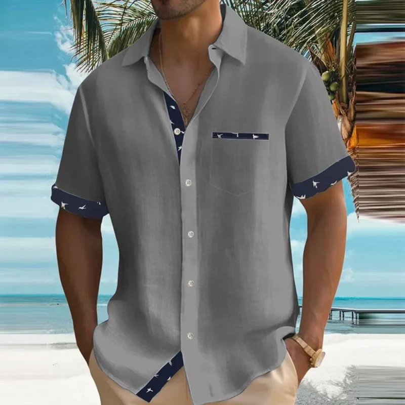 Men's Short Sleeve Colour Block Dress Shirt Casual Button-Down Lapel Pocket Regular Fit Top