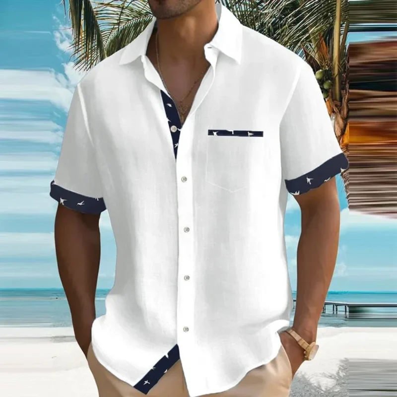 Men's Short Sleeve Colour Block Dress Shirt Casual Button-Down Lapel Pocket Regular Fit Top
