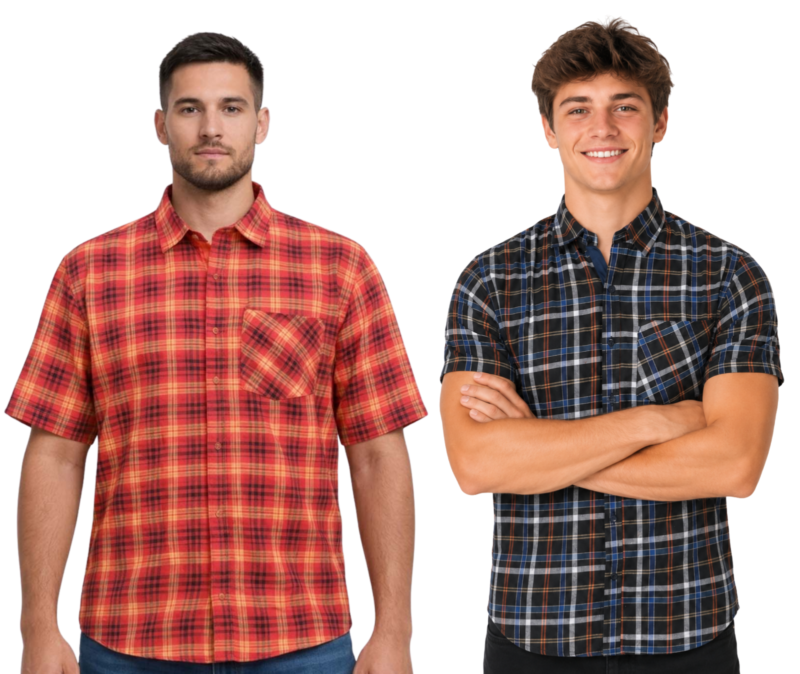 Men's Short Sleeve Checked Shirt Casual Cotton Blend Button Down Pocket Regular Fit S–3XL