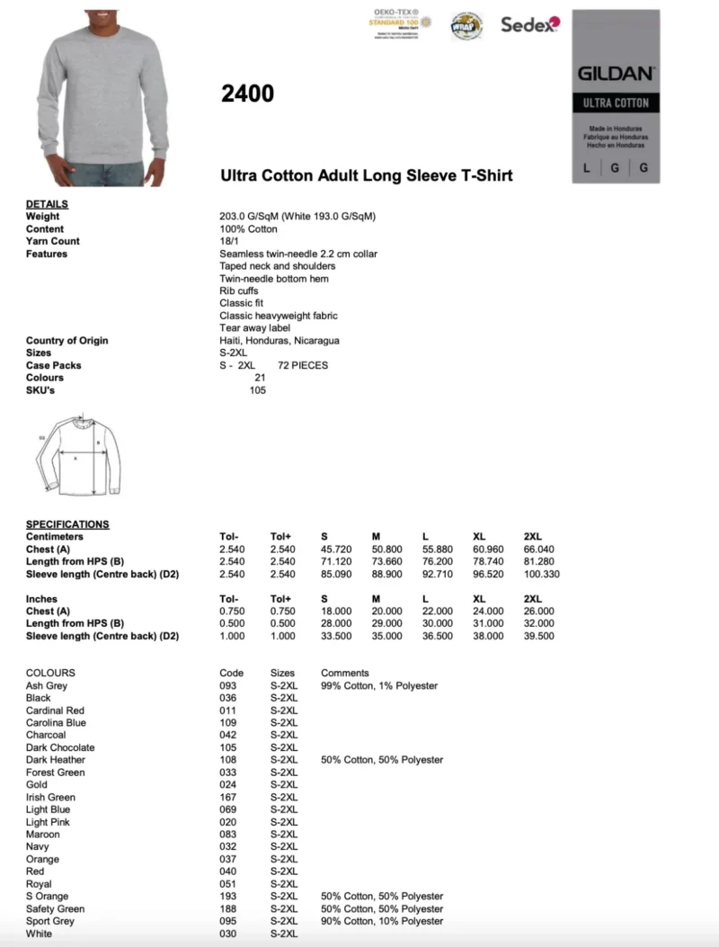 Men's Ultra Cotton Long Sleeve T-Shirt Classic Fit Rib Cuffs Crew Neck Plain Tee