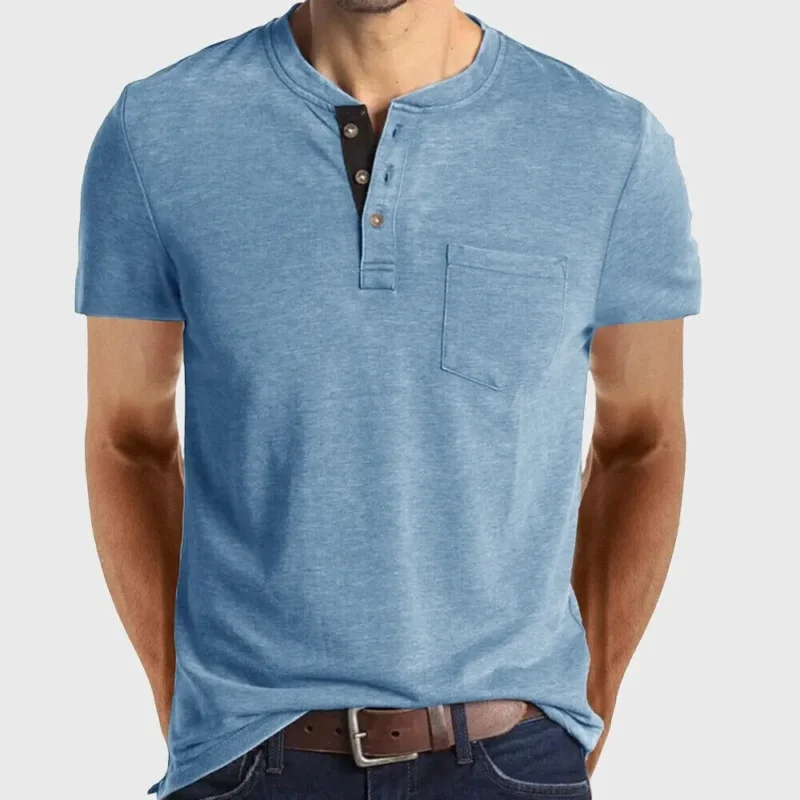 Men's Short Sleeve Henley T-Shirt Casual Grandad Button V Neck Solid Cotton Blend Tee Top