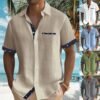 Men's Short Sleeve Colour Block Dress Shirt Casual Button-Down Lapel Pocket Regular Fit Top