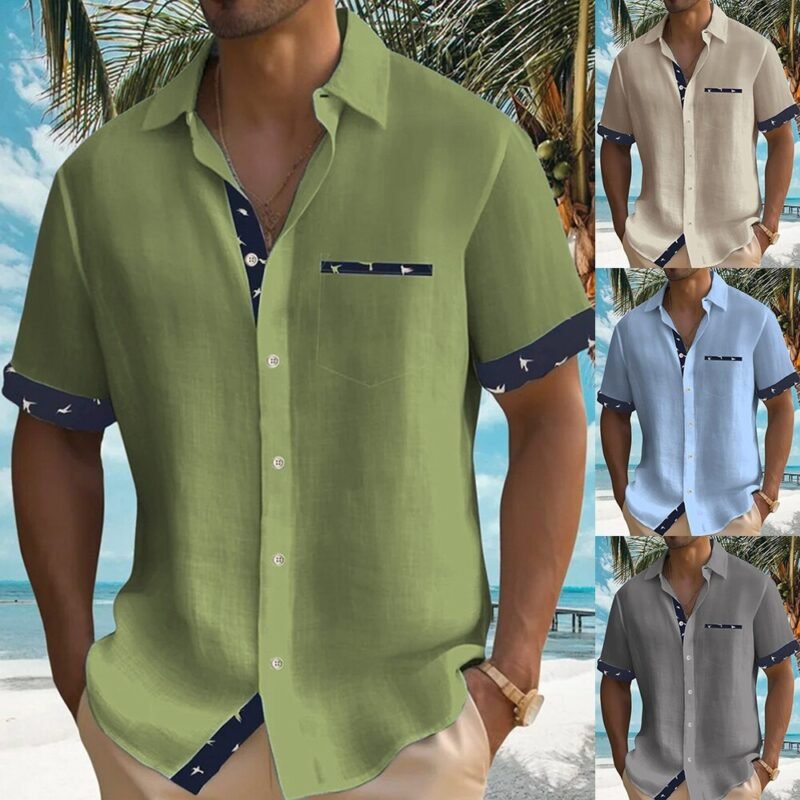Men's Short Sleeve Colour Block Dress Shirt Casual Button-Down Lapel Pocket Regular Fit Top