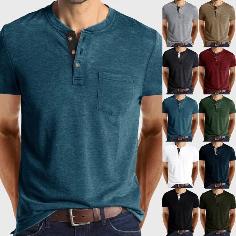 Men's Short Sleeve Henley T-Shirt Casual Grandad Button V Neck Solid Cotton Blend Tee Top