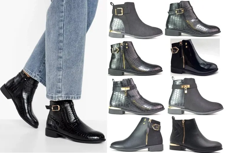 Women's Black Ankle Boots Low Block Heel Buckle Zip Chelsea Style Shoes UK Sizes 3-8