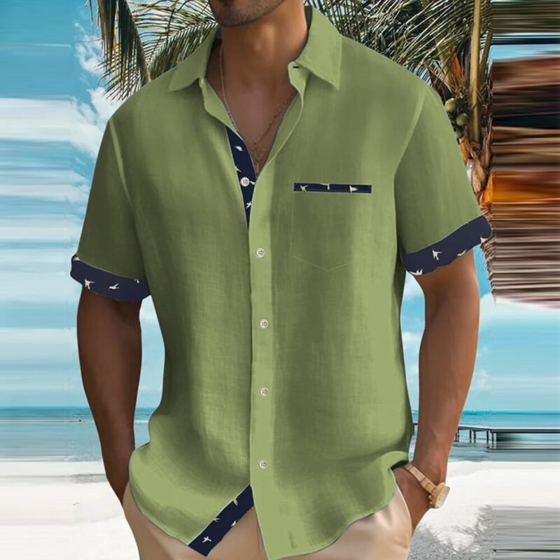 Men's Short Sleeve Colour Block Dress Shirt Casual Button-Down Lapel Pocket Regular Fit Top