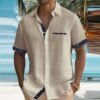 Men's Short Sleeve Colour Block Dress Shirt Casual Button-Down Lapel Pocket Regular Fit Top