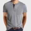 Men's Short Sleeve Henley T-Shirt Casual Grandad Button V Neck Solid Cotton Blend Tee Top