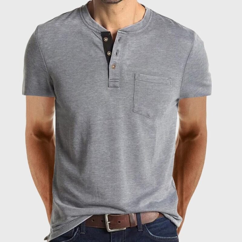 Men's Short Sleeve Henley T-Shirt Casual Grandad Button V Neck Solid Cotton Blend Tee Top