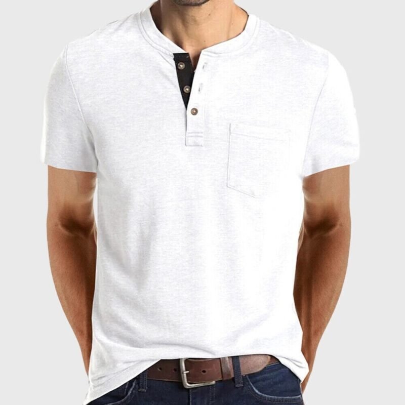 Men's Short Sleeve Henley T-Shirt Casual Grandad Button V Neck Solid Cotton Blend Tee Top