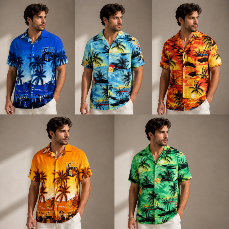 Men's Hawaiian Beach Print Short Sleeve Button-Up Summer Party Shirt (S–XXL)