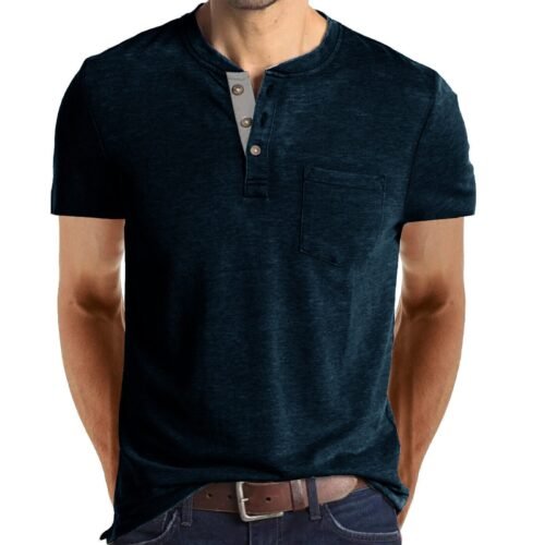 Men's Short Sleeve Henley T-Shirt Casual Grandad Button V Neck Solid Cotton Blend Tee Top