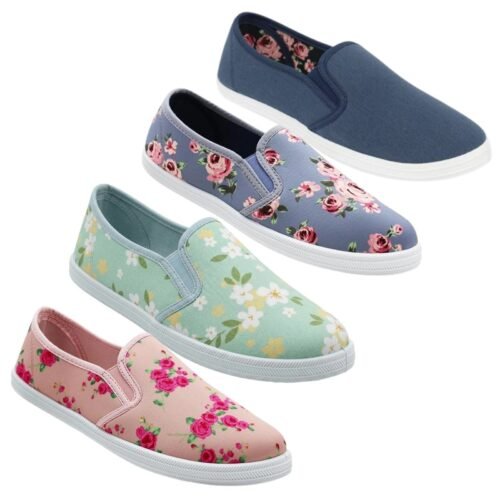 imgi_259_s-l1600 Women's Floral Canvas Slip On Plimsolls Casual Flat Pumps Lightweight Trainers Shoes
