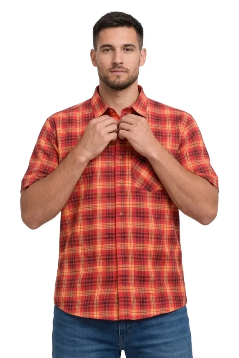 Men's Short Sleeve Checked Shirt Casual Cotton Blend Button Down Pocket Regular Fit S–3XL