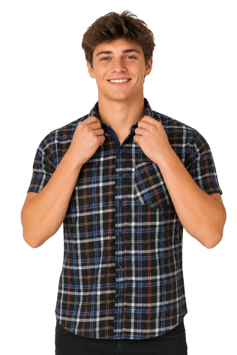 Men's Short Sleeve Checked Shirt Casual Cotton Blend Button Down Pocket Regular Fit S–3XL