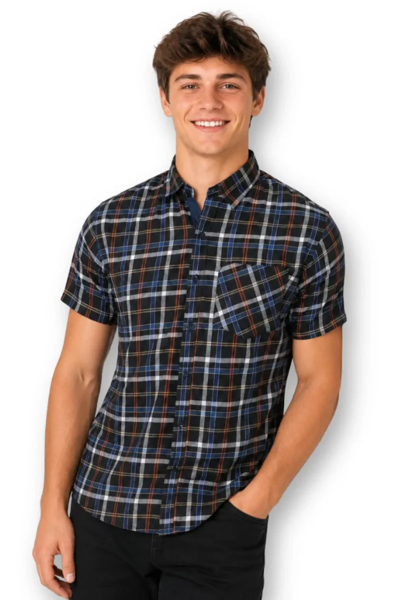 Men's Short Sleeve Checked Shirt Casual Cotton Blend Button Down Pocket Regular Fit S–3XL