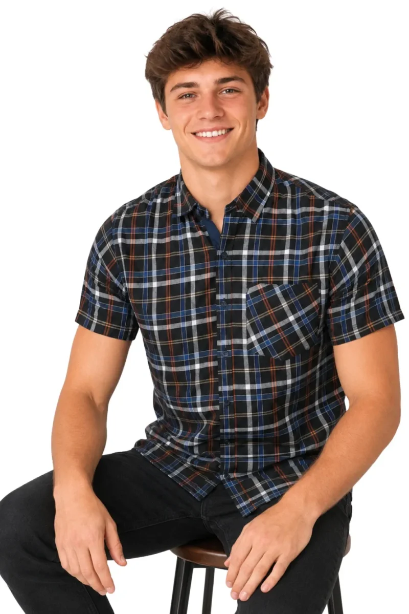 Men's Short Sleeve Checked Shirt Casual Cotton Blend Button Down Pocket Regular Fit S–3XL